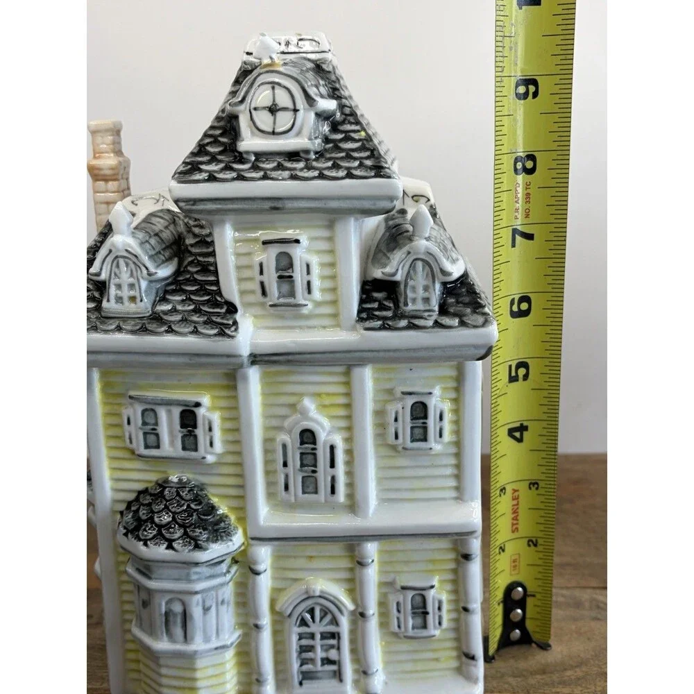 Victorian House Cookie Jar Canister Yellow Gray  Vintage